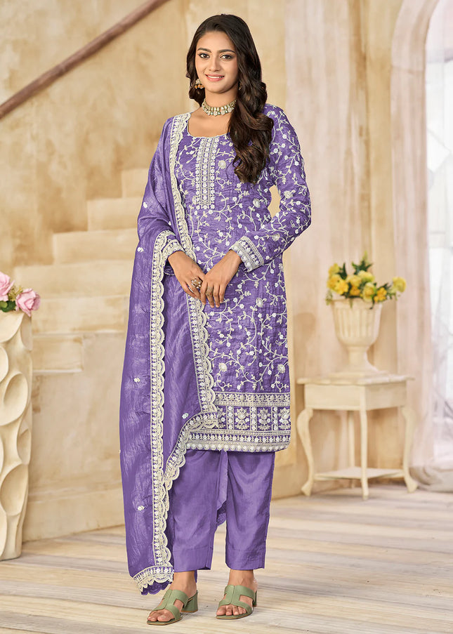 Lavender Embroidered Pant Style Suit