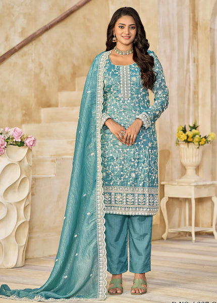 Teal Embroidered Pant Style Suit