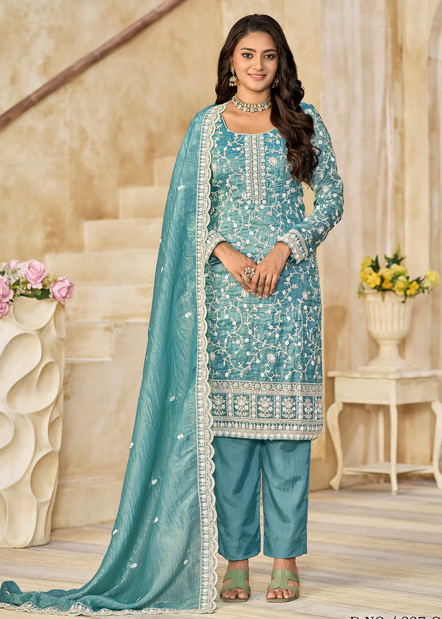 Teal Embroidered Pant Style Suit