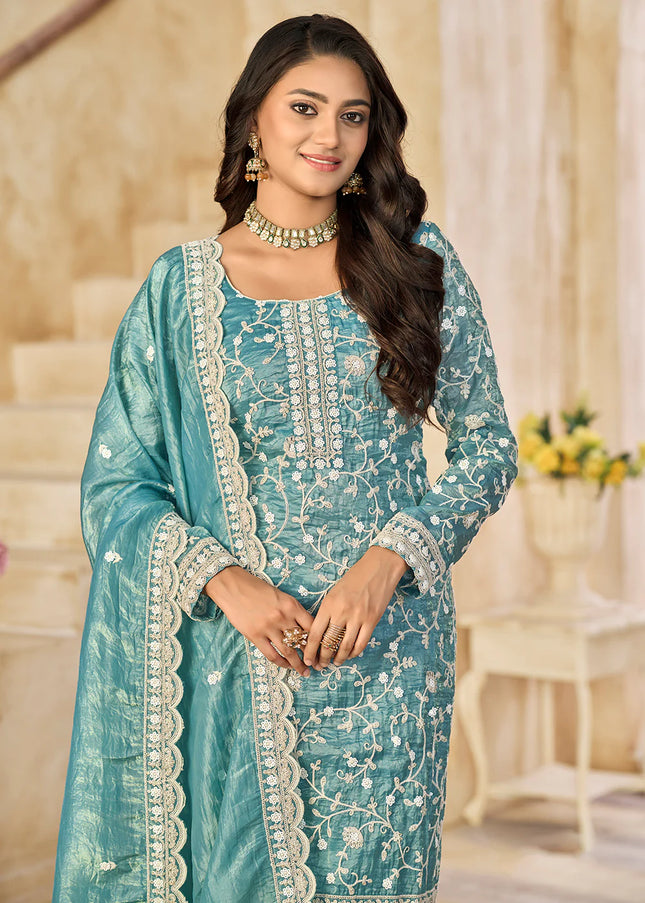 Teal Embroidered Pant Style Suit