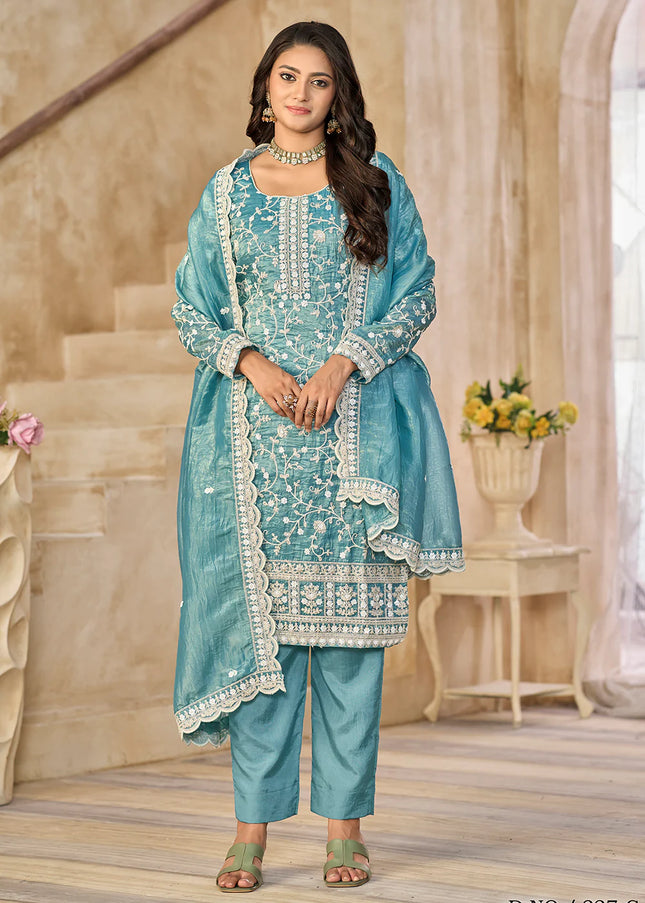 Teal Embroidered Pant Style Suit