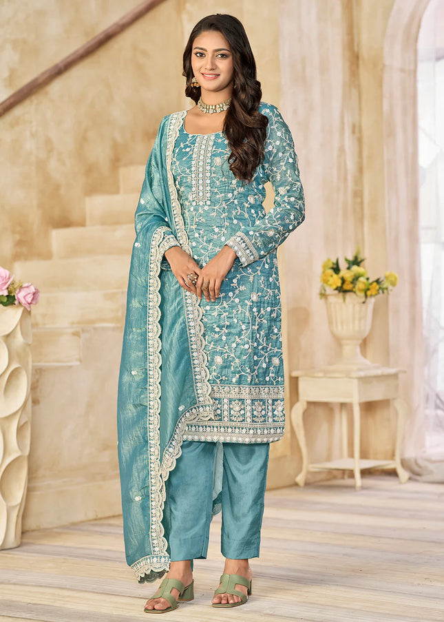 Teal Embroidered Pant Style Suit