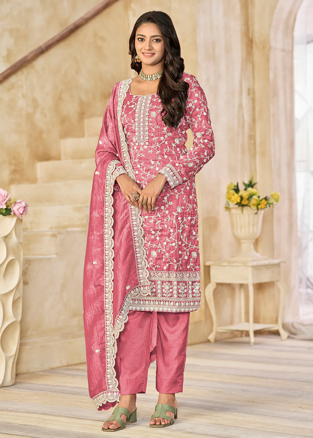 Pink Embroidered Pant Style Suit