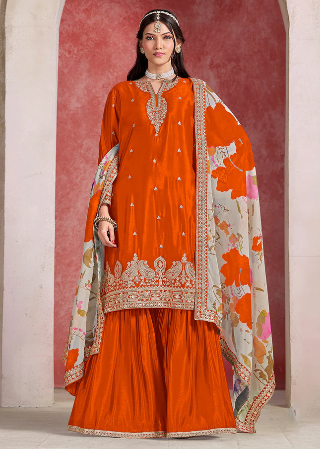 Orange Embroidered Gharara Suit