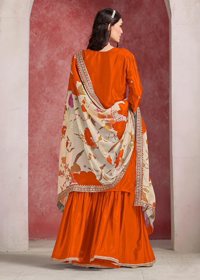 Orange Embroidered Gharara Suit