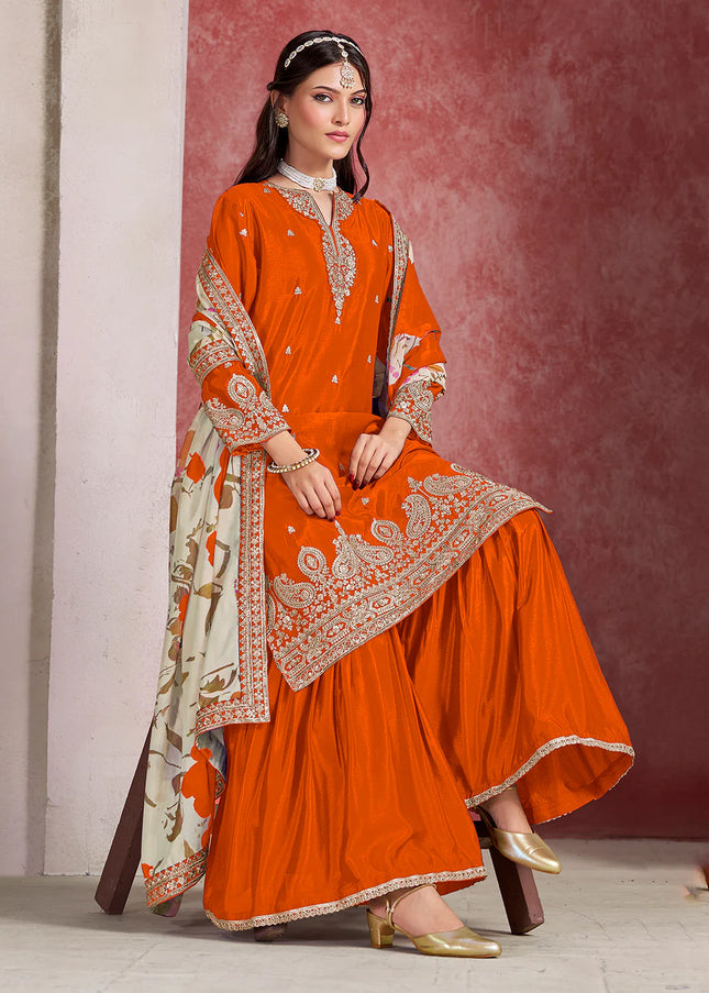 Orange Embroidered Gharara Suit