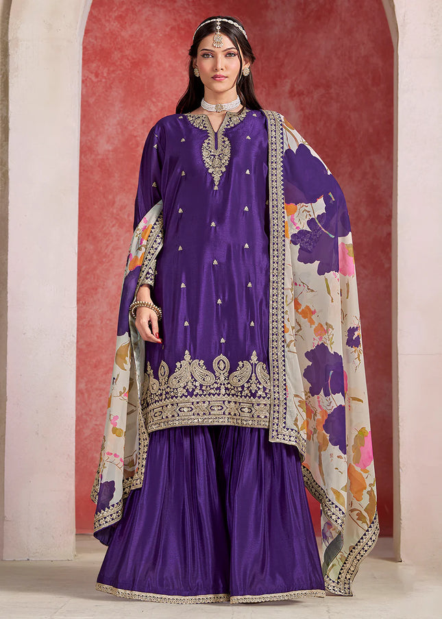 Purple Embroidered Gharara Suit