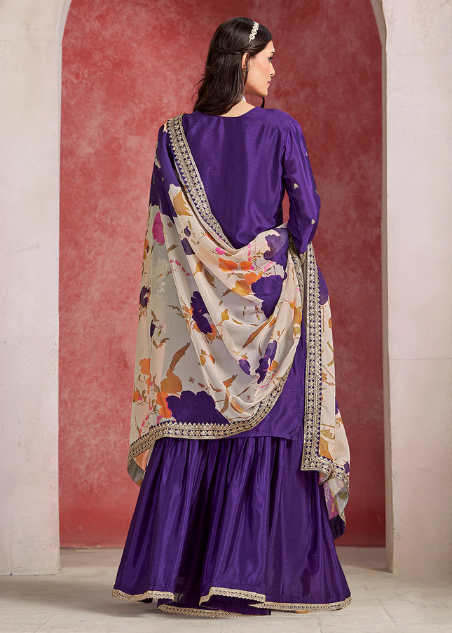 Purple Embroidered Gharara Suit