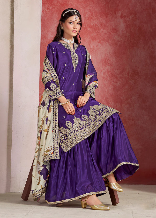 Purple Embroidered Gharara Suit