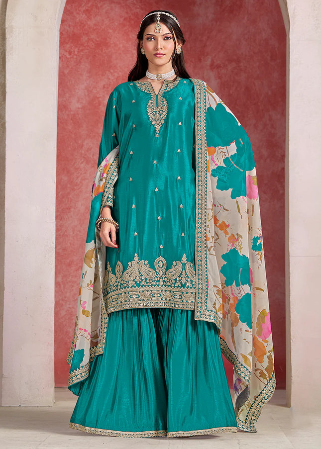 Teal Embroidered Gharara Suit
