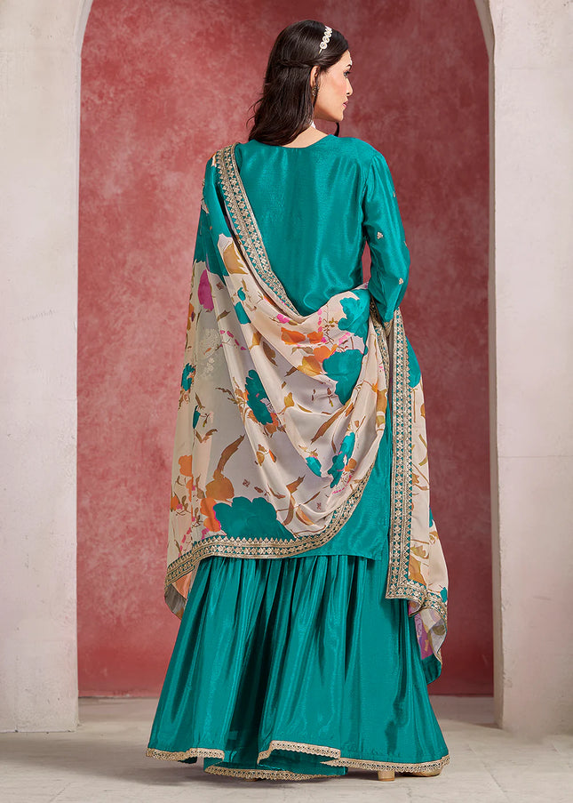 Teal Embroidered Gharara Suit