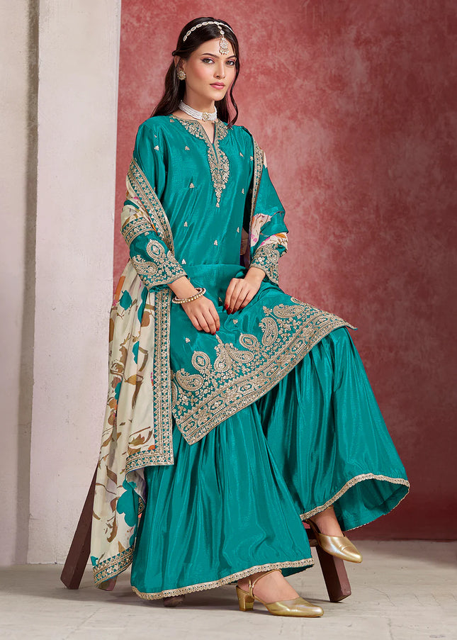 Teal Embroidered Gharara Suit