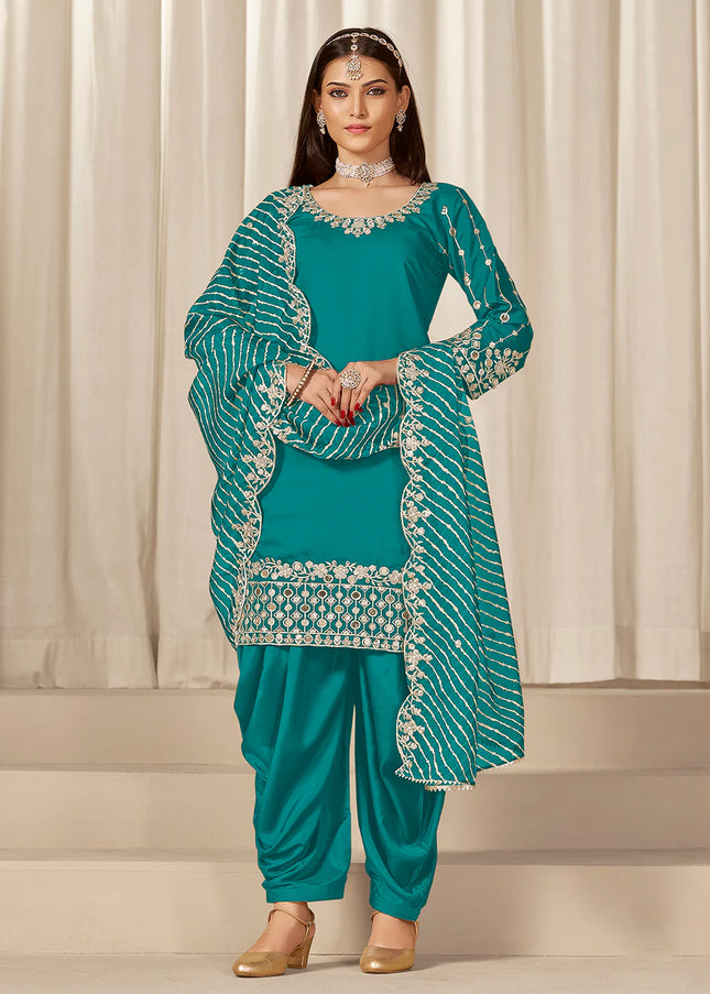 Teal Embroidered Pant Style Suit