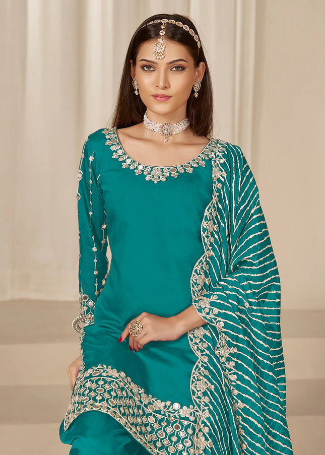 Teal Embroidered Pant Style Suit