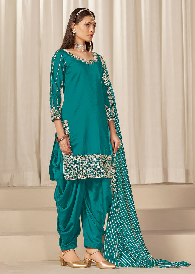 Teal Embroidered Pant Style Suit