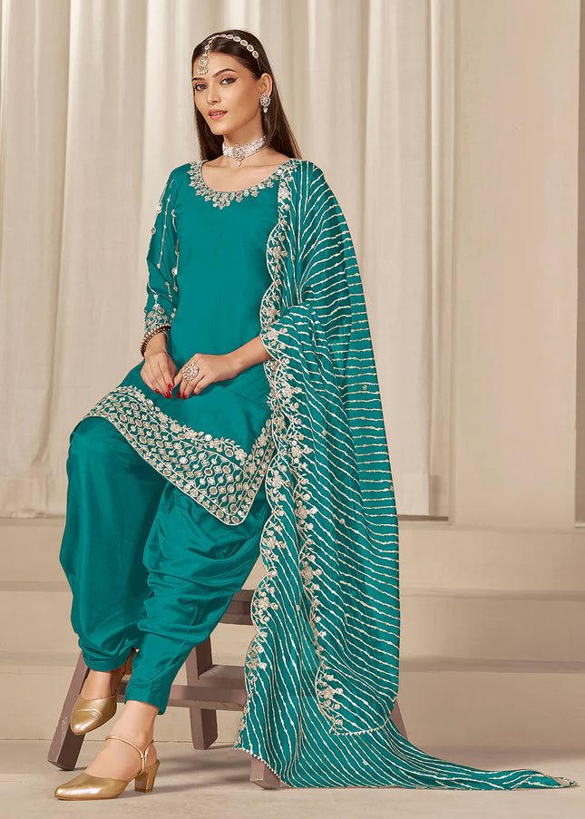 Teal Embroidered Pant Style Suit