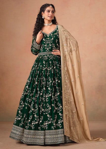 Green and Beige Embroidered Anarkali