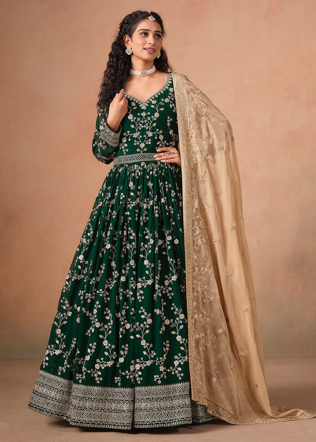 Green and Beige Embroidered Anarkali