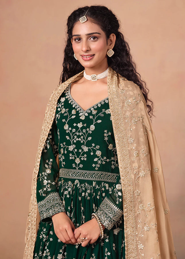 Green and Beige Embroidered Anarkali