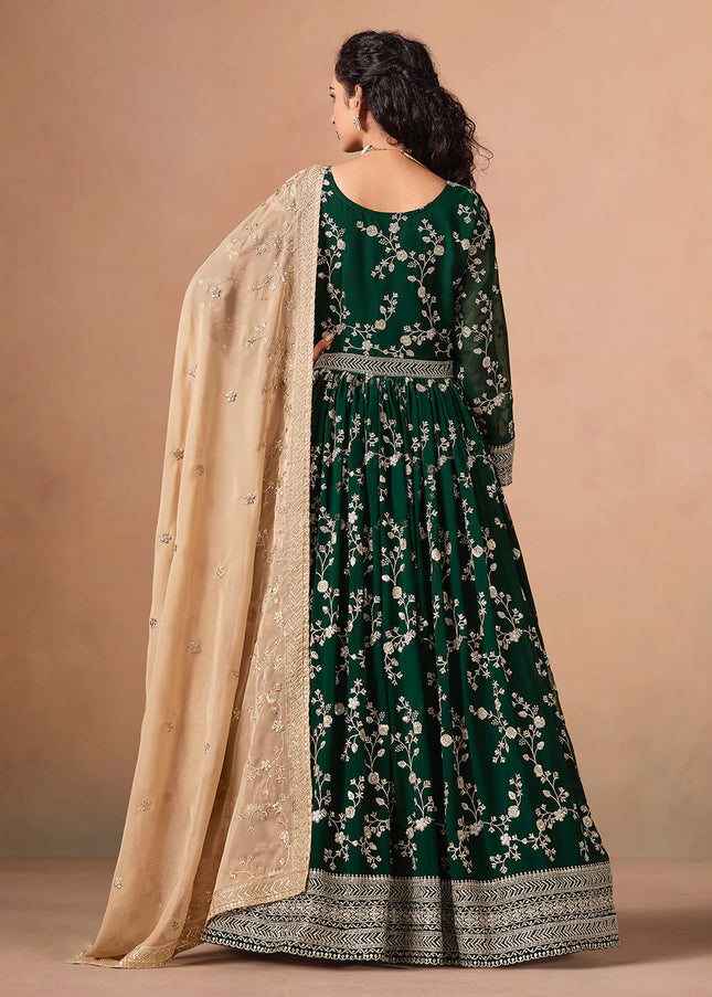 Green and Beige Embroidered Anarkali