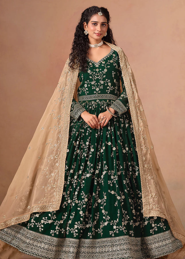 Green and Beige Embroidered Anarkali