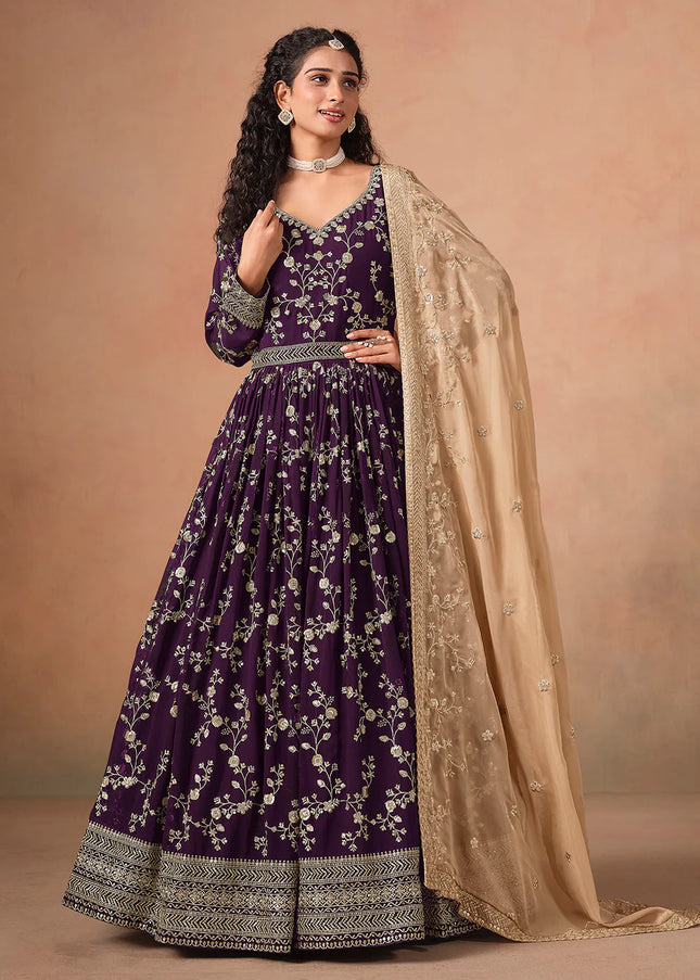Purple and Beige Embroidered Anarkali
