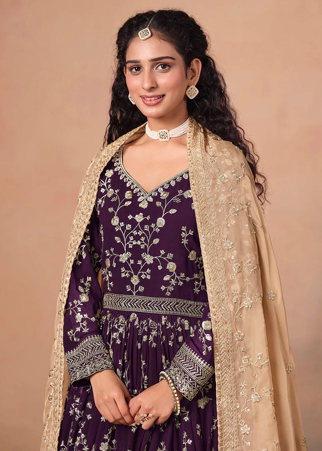 Purple and Beige Embroidered Anarkali