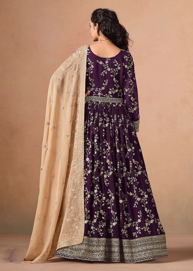 Purple and Beige Embroidered Anarkali