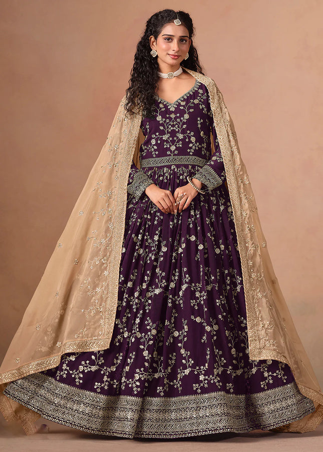Purple and Beige Embroidered Anarkali