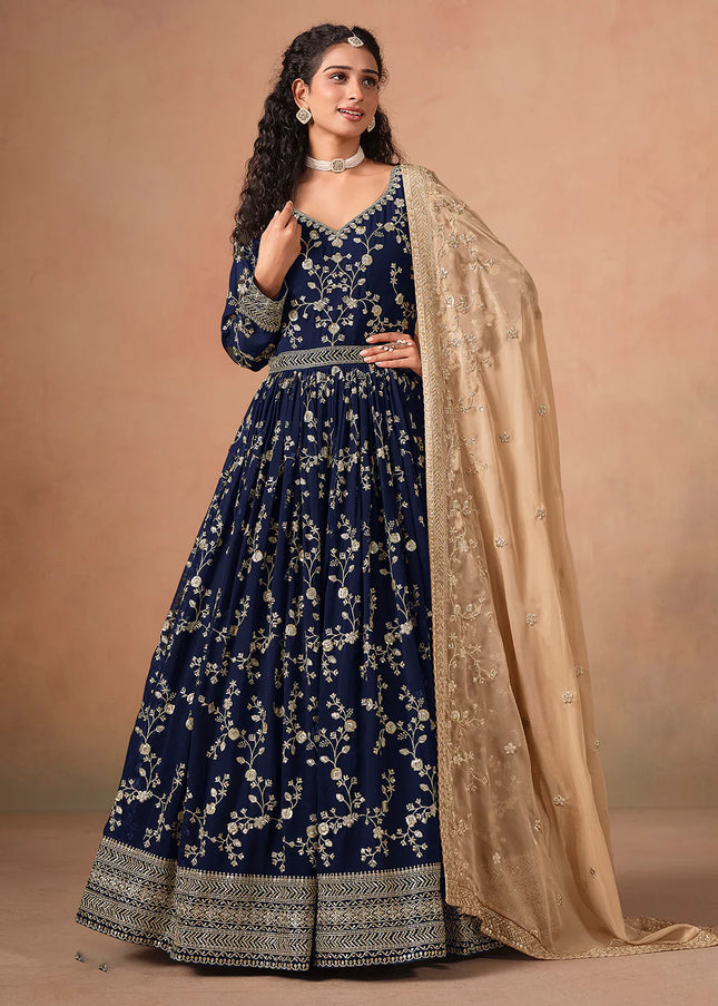 Navy Blue and Beige Embroidered Anarkali