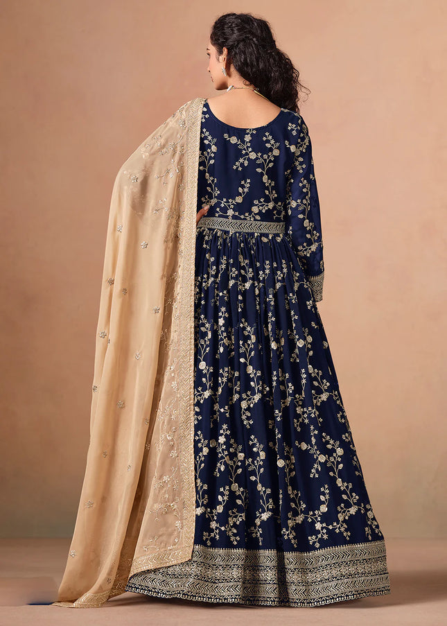 Navy Blue and Beige Embroidered Anarkali