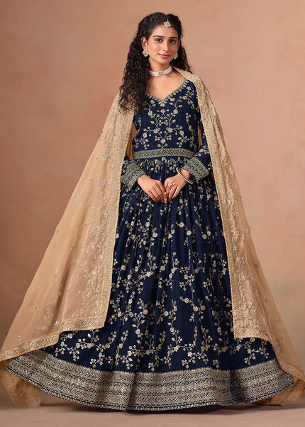 Navy Blue and Beige Embroidered Anarkali