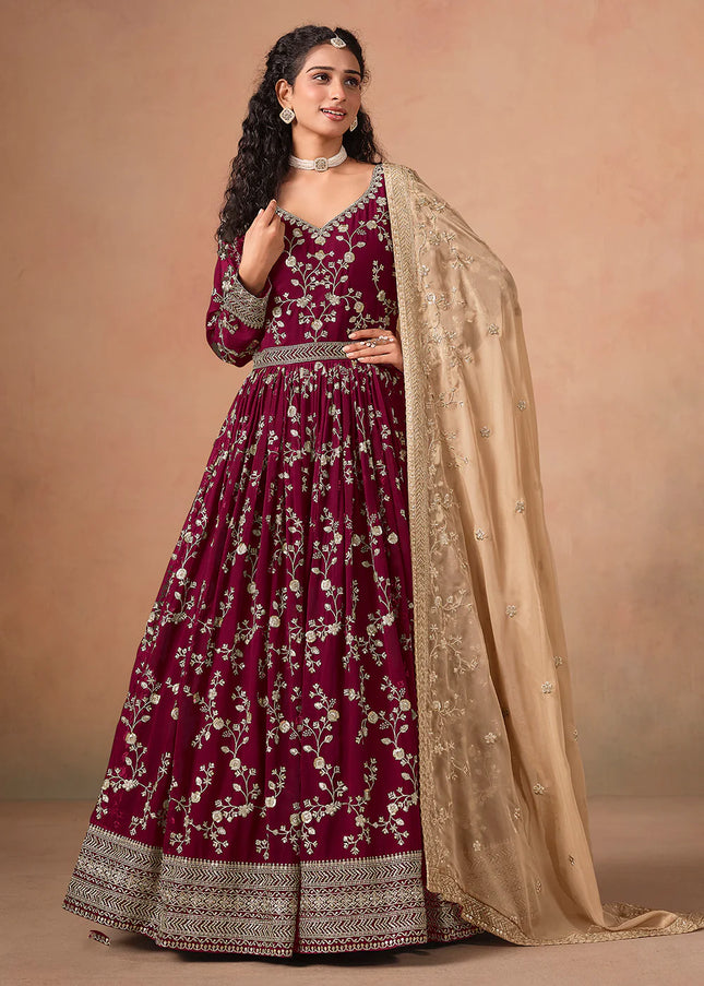 Maroon and Beige Embroidered Anarkali