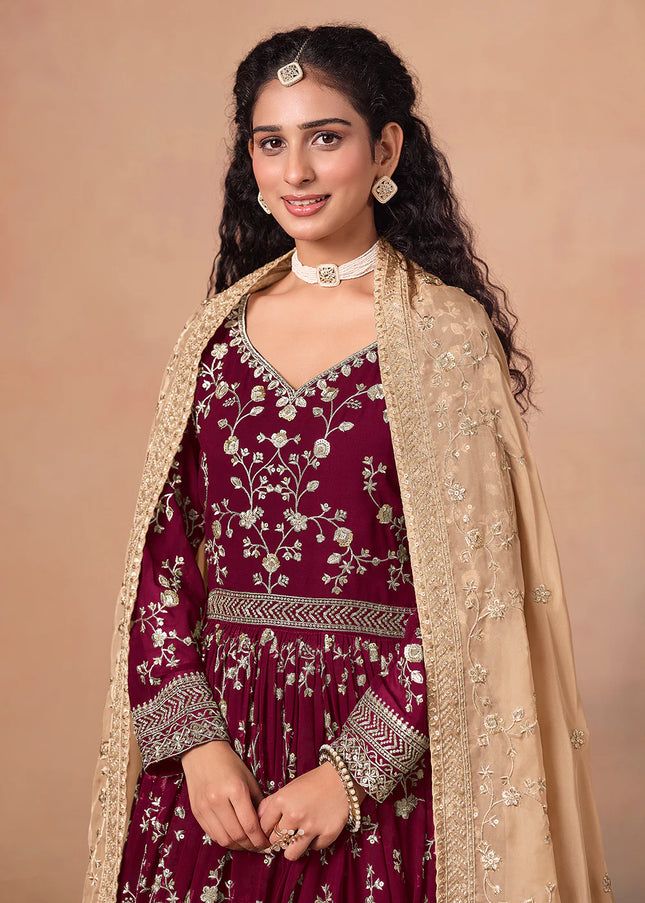 Maroon and Beige Embroidered Anarkali