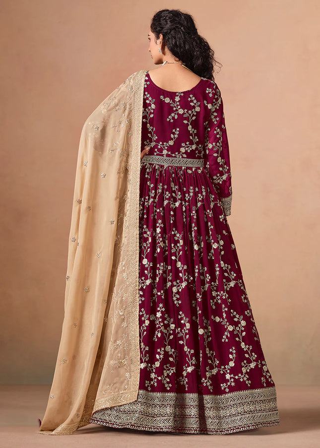 Maroon and Beige Embroidered Anarkali
