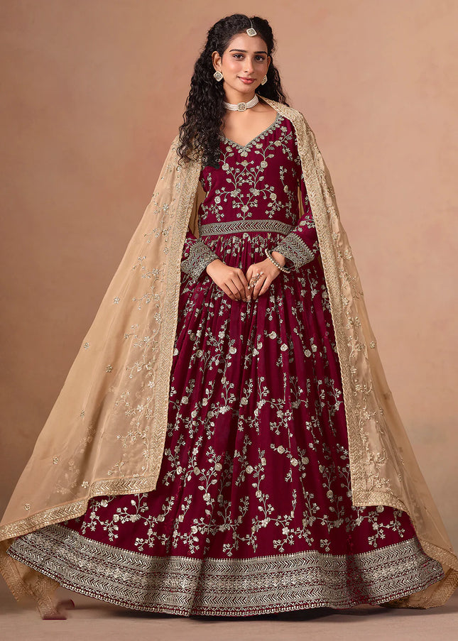 Maroon and Beige Embroidered Anarkali