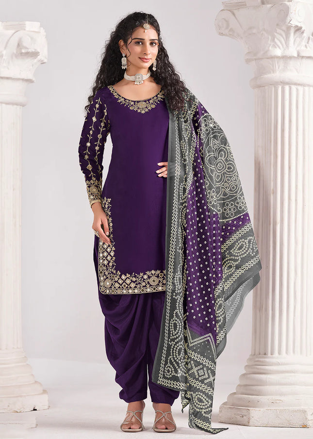 Purple Embroidered Punjabi Suit