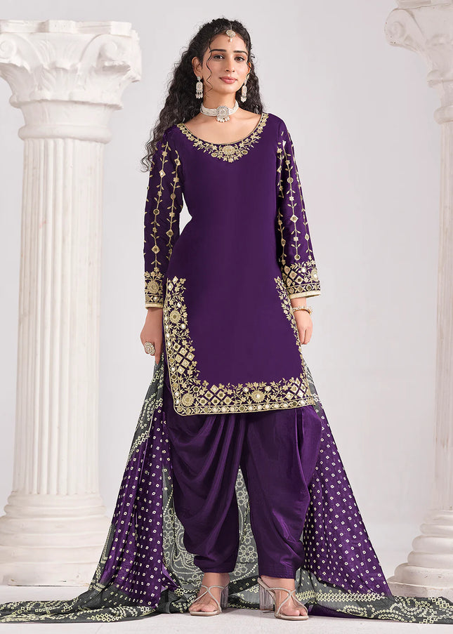 Purple Embroidered Punjabi Suit