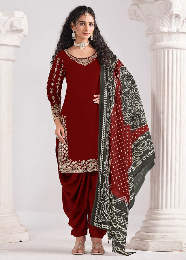 Maroon Embroidered Punjabi Suit