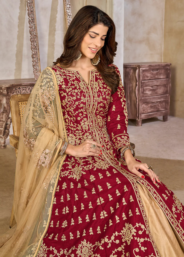 Maroon Embroidered Lehenga Anarkali