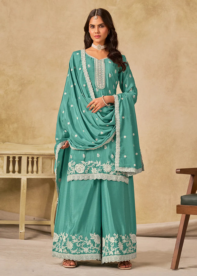 Aqua Embroidered Sharara Suit