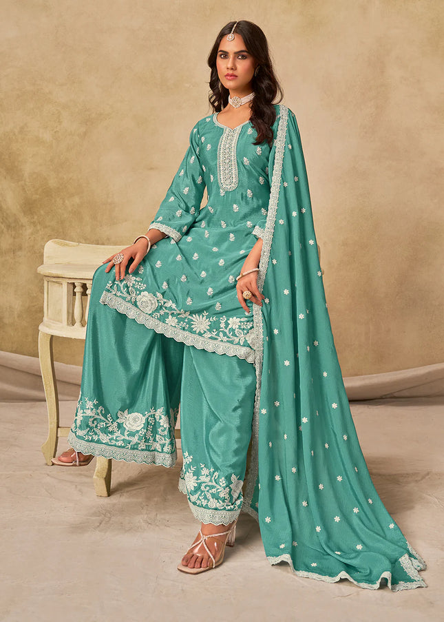 Aqua Embroidered Sharara Suit