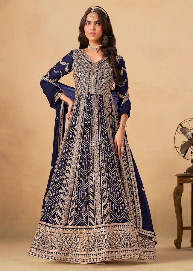 Navy Blue Embroidered Anarkali