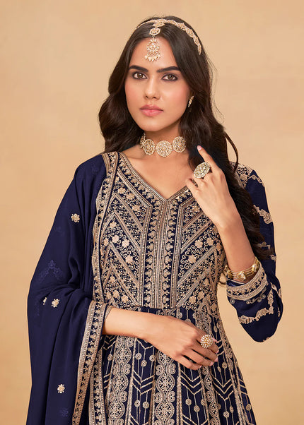Navy Blue Embroidered Anarkali