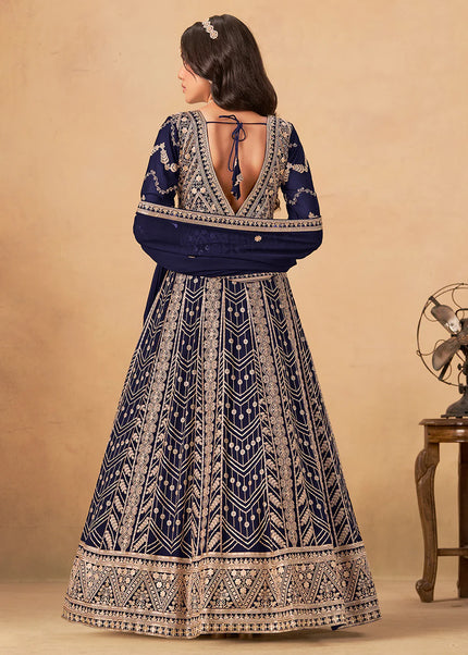 Navy Blue Embroidered Anarkali