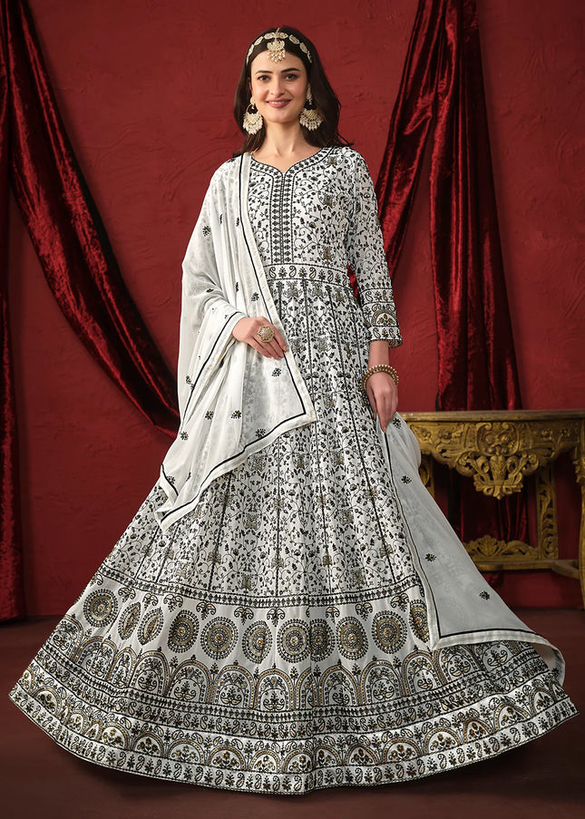 White and Black Embroidered Anarkali
