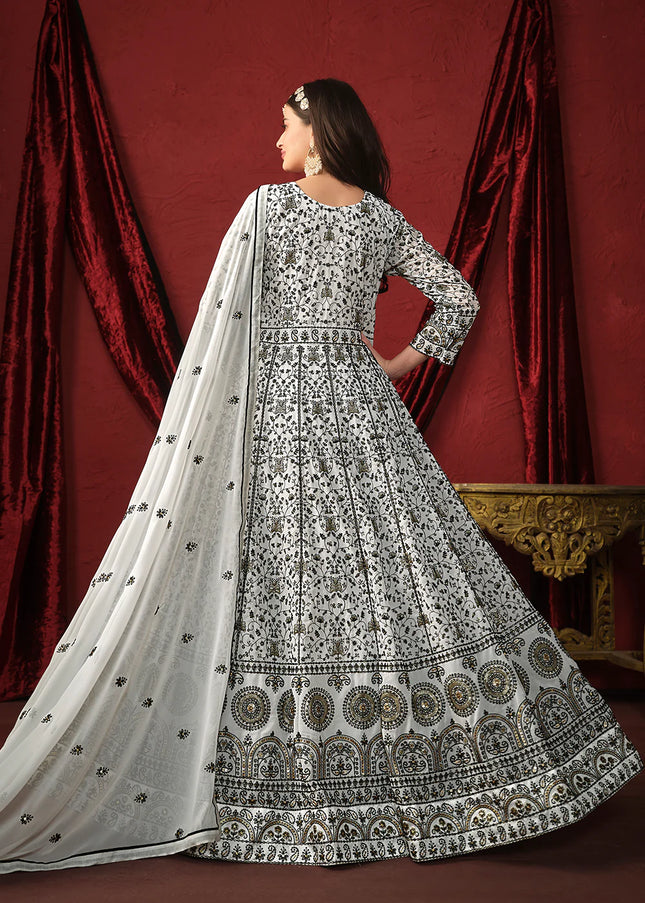 White and Black Embroidered Anarkali Suit