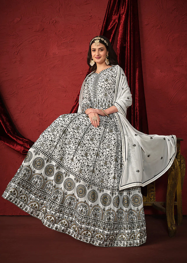 White and Black Embroidered Anarkali Suit