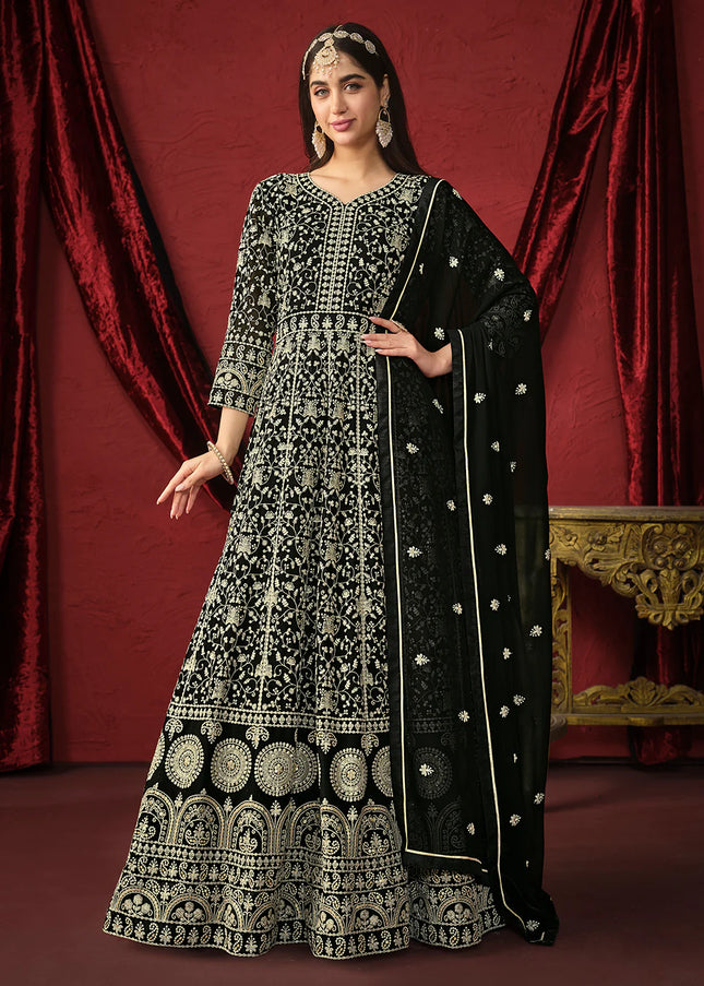 Black and White Embroidered Anarkali Suit