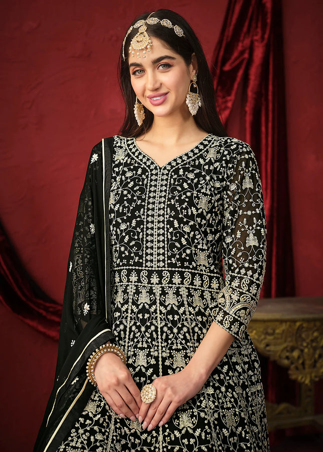 Black and White Embroidered Anarkali Suit